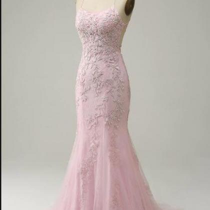 Appliques Open Back Spaghetti Straps Cheap Beads Mermaid Pink Prom Dress main image 0