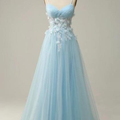 Glamorous Spaghetti Straps Sky Blue Tulle Sequin Beaded Long Wedding Guest Dress Formal Birthday Party Gown SP1163