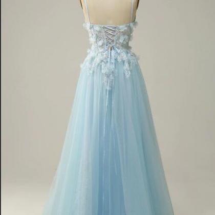 A Line Spaghetti Straps Sky Blue Prom Dress With..