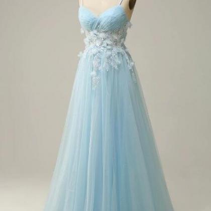 A Line Spaghetti Straps Sky Blue Prom Dress With..