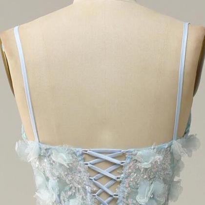 Tulle A-Line Spaghetti Straps Sky Blue Ball Dress with Appliques