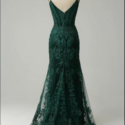 Mermaid Spaghetti Straps Peacock Green Prom Dress..
