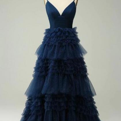 A Line Spaghetti Straps Navy Long Prom Dress With..