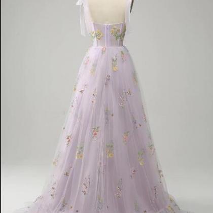 Lilac Embroidery Corset Long Prom Dress