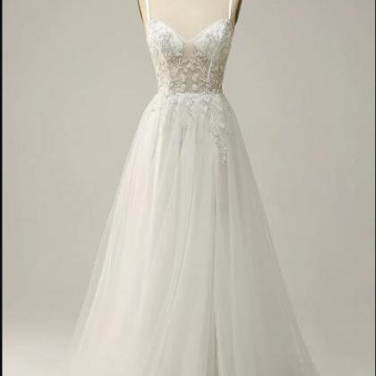 A Line Spaghetti Straps White Long Bridal Dress..
