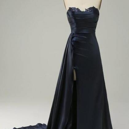 Sweetheart Navy Blue Appliques A-line Ruffle Long Prom Dress