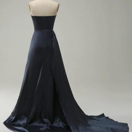 A Line Sweetheart Navy Long Prom Dress With Split..