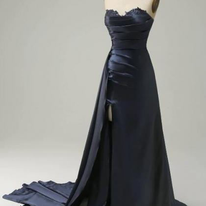 A Line Sweetheart Navy Long Prom Dress With Split..