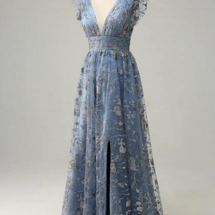 A Line Deep V Neck Grey Blue Plus Size Prom Dress..