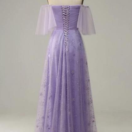 Off Shoulder Lavender Prom Dress With Ruffles