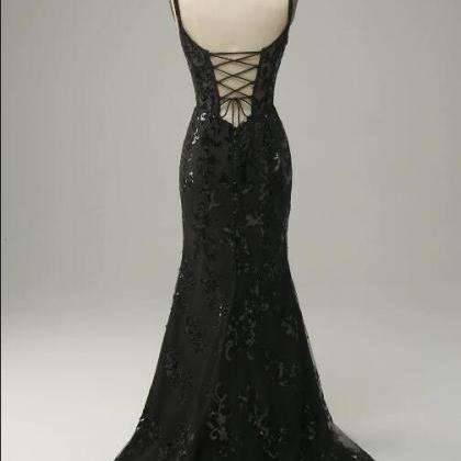 Mermaid Spaghetti Straps Black Sequins Long Prom..