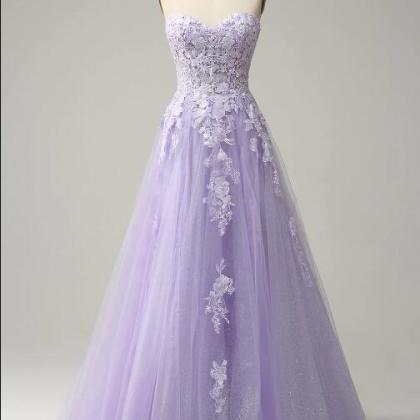 A Line Spaghetti Straps Long Purple Prom Dress..