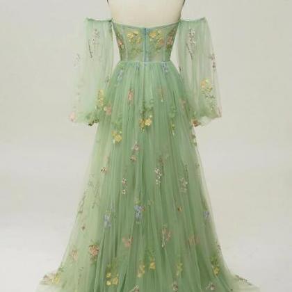 Off Shoulder Long Lace Sleeves Dresses with Pockets Green