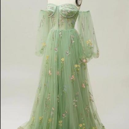 Green Off The Shoulder Long Sleeves A-line Prom..
