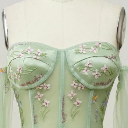 Beautiful Long Green A-line Off-the-shoulder Sequined Beading Prom Dress