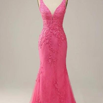 Mermaid Deep V Neck Pink Long Prom Dress With Open..