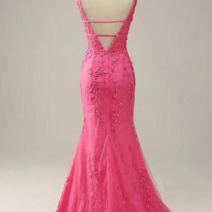 Mermaid Deep V Neck Pink Long Prom Dress With Open..