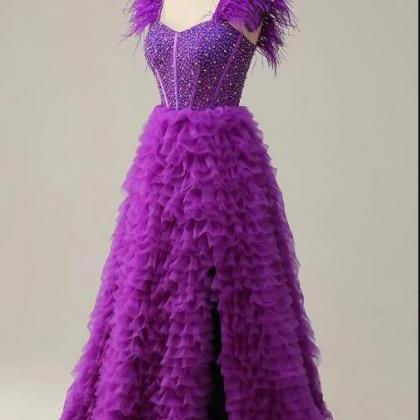 A Line Sweetheart Purple Long Prom Dress With..