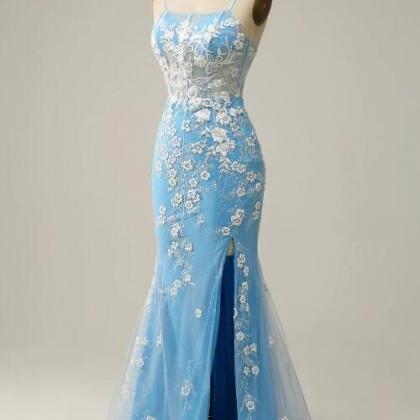 Mermaid Spaghetti Straps Blue Long Prom Dress With..