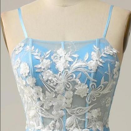 Mermaid Spaghetti Straps Blue Long Prom Dress With..