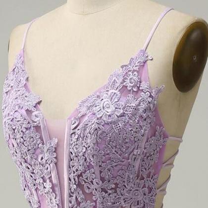 Mermaid Spaghetti Straps Purple Long Prom Dress..