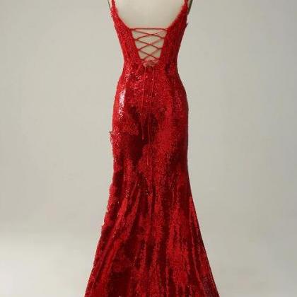 Sheath Spaghetti Straps Red Long Prom Dress With..