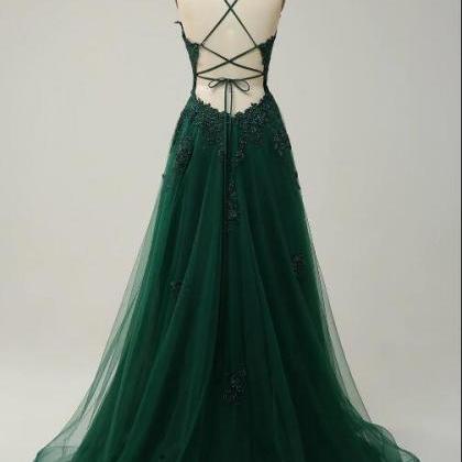 A Line Spaghetti Straps Dark Green Long Prom Dress..