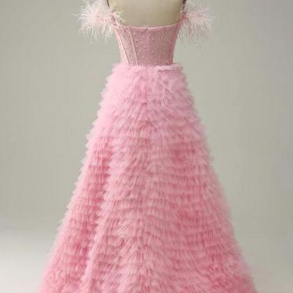 A Line Off The Shoulder Pink Corset Prom Dress..