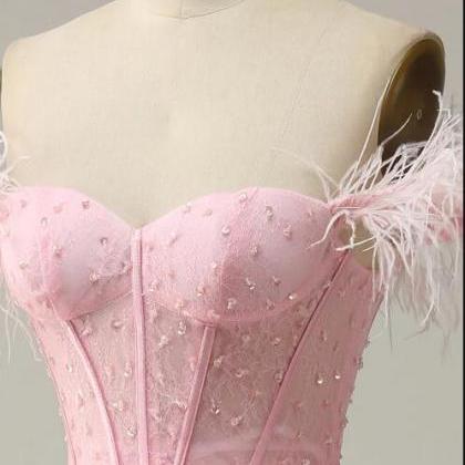 A Line Off The Shoulder Pink Corset Prom Dress..