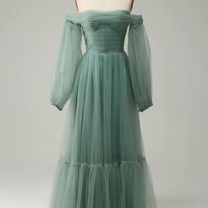 Off The Shoulder Grey Green A-line Tull Prom Dress..