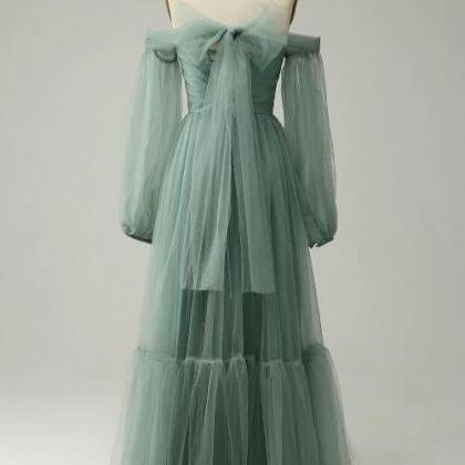 Off The Shoulder Grey Green A-line Tull Prom Dress..