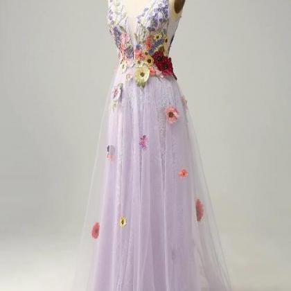 A Line Deep V Neck Lavender Long Prom Dress With..