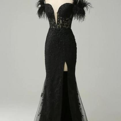 Off The Shoulder Black Mermaid Prom Dress With..