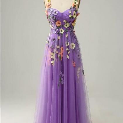 A Line Purple Spaghetti Straps Prom Dress With 3d..