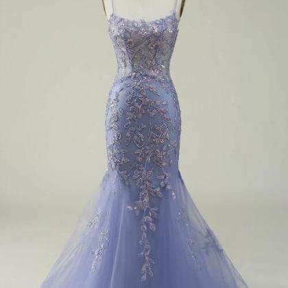 Purple Spaghetti Straps Tulle Long Prom Dress With..
