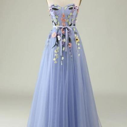 Lavender Tulle Sweetheart A-Line Long Prom Dress with Balloon Sleeves