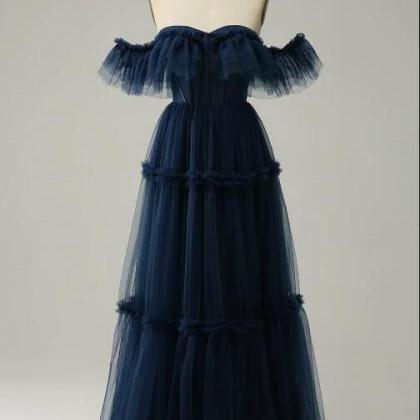 A-line Off The Shoulder Sweetheart Tulle Navy Long..
