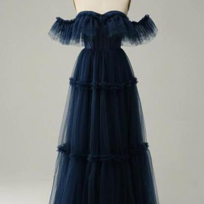 A-line Off The Shoulder Sweetheart Tulle Navy Long..