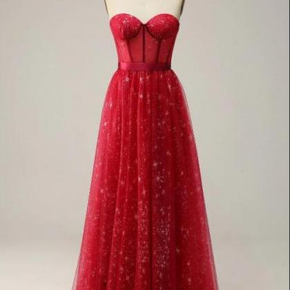 Red Strapless Tulle Corset Prom Dress