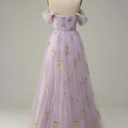 Lavender A Line Tulle Off Shoulder Prom Dress