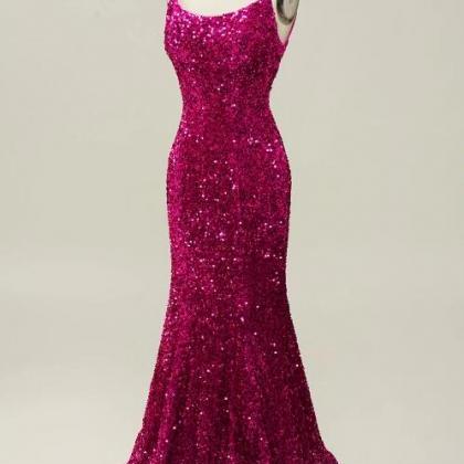 Pink Sequin Spaghetti Straps Mermaid Prom Dress..