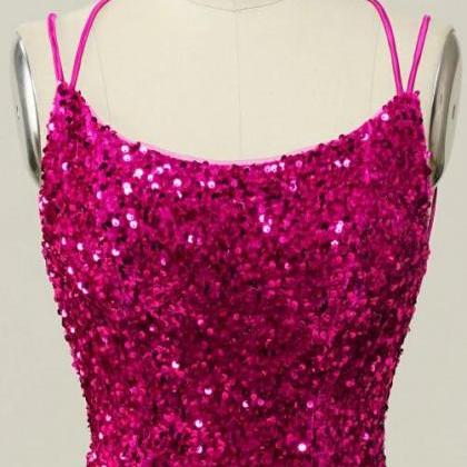 Pink Sequin Spaghetti Straps Mermaid Prom Dress..