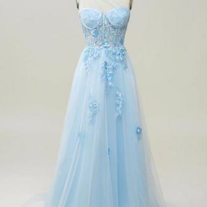 A Line One Shoulder Sky Blue Long Prom Dress With..