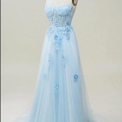 A Line One Shoulder Sky Blue Long Prom Dress With..