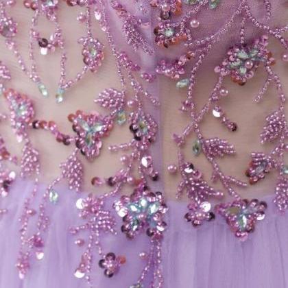 Purple Beaded Tulle Long Prom Dress