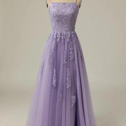 A Line Light Purple Tulle Appliques Open Back Prom Dress LBQ2705