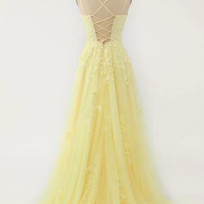 Yellow Spaghetti Straps Prom Dresses