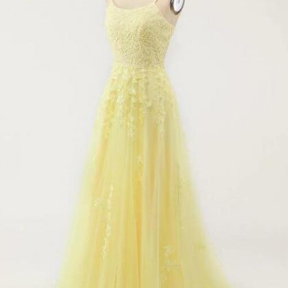 Yellow Spaghetti Straps Prom Dresses