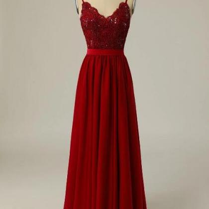 Burgundy Long Prom Dress With Beading Lace