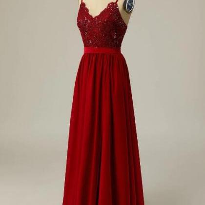Burgundy Long Prom Dress With Beading Lace